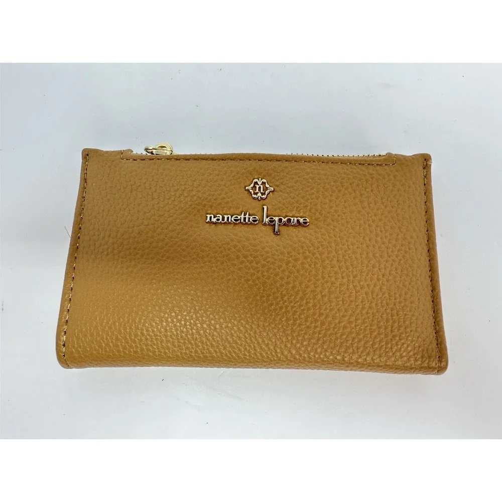 Nanette Lepore Pebbled Vegan Leather Slim Card Case Zip Wallet Wristlet Camel